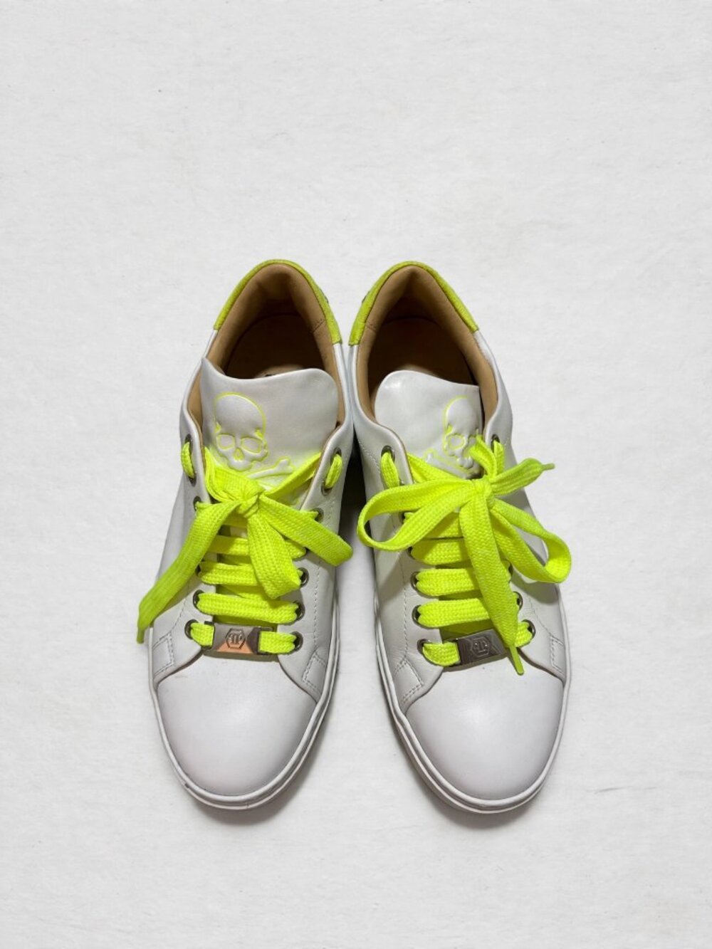 Philipp Plein White Leather Sneakers Neon Yellow Skull 39